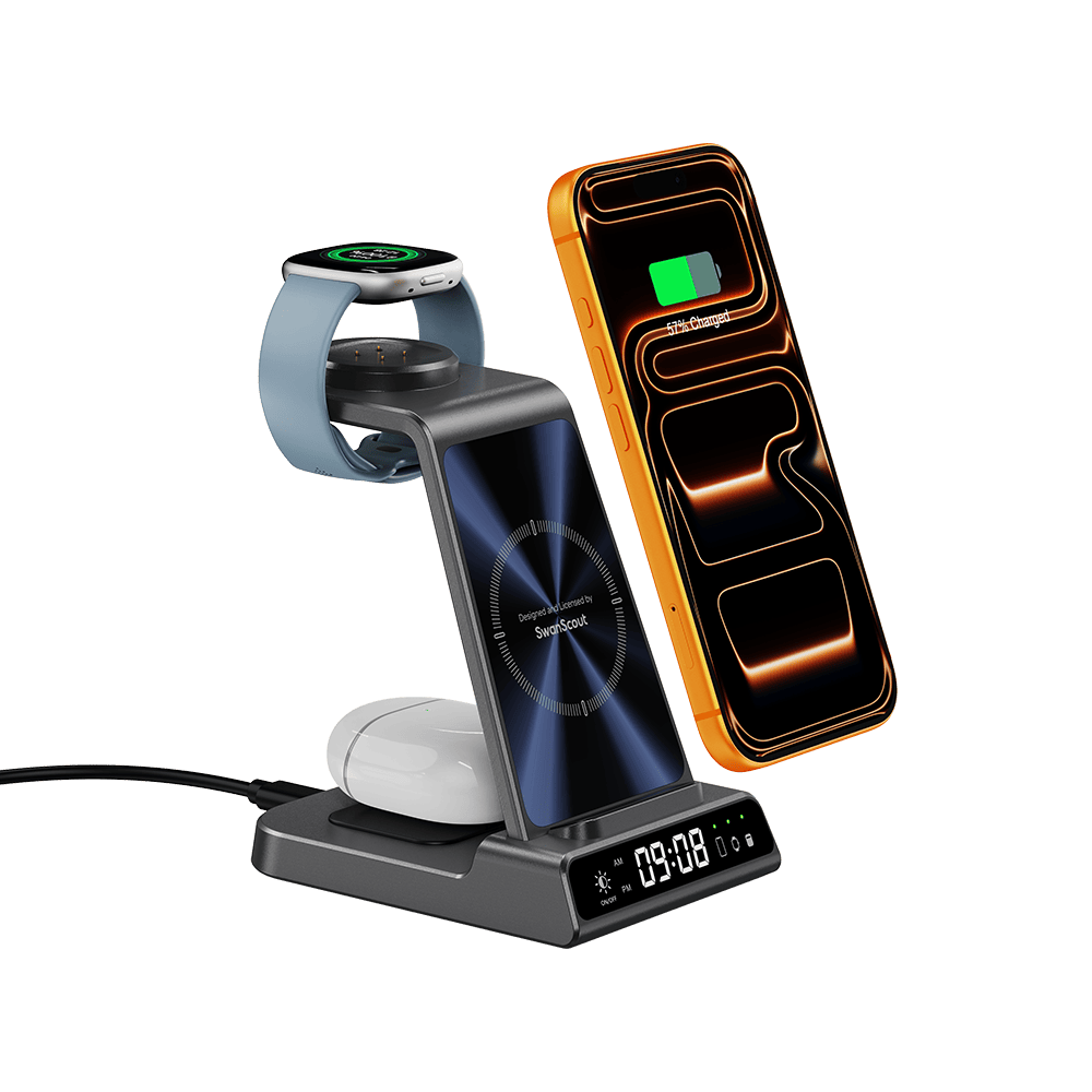 SwanScout C01FB 3-in-1 wireless charger stand for Fitbit watch, showing the sleek black stand with charging cables and a Fitbit device