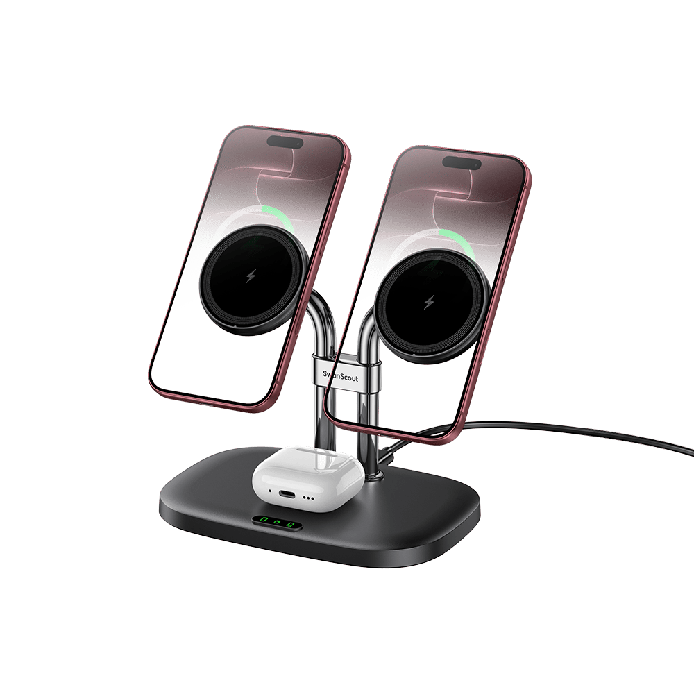 SwanScout 706M - Cargador magnético dual para iPhone y base inalámbrica para AirPods