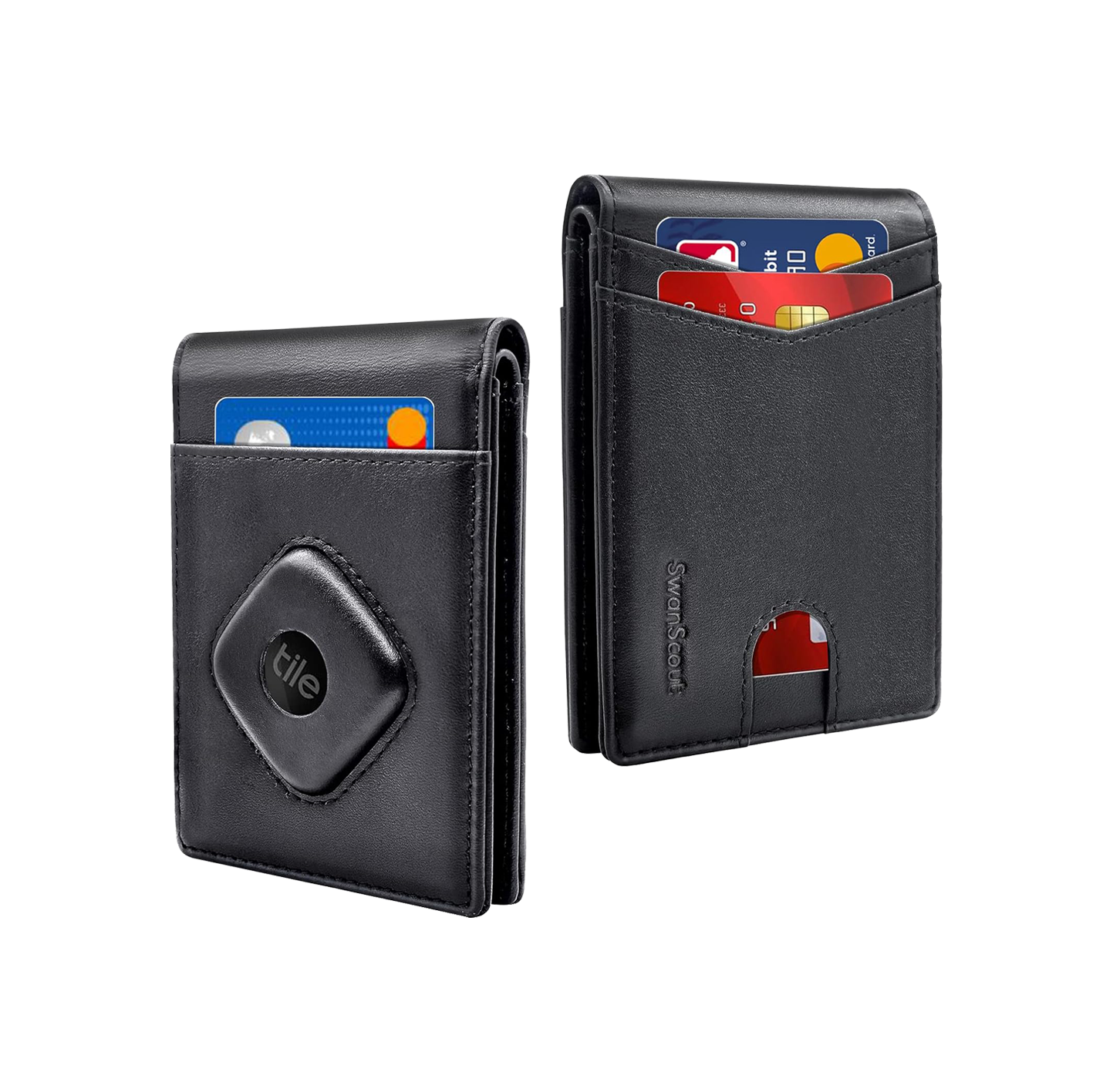 Slim black SwanScout 102T wallet with a dedicated secure pocket for Tile Mate Bluetooth tracker, ensuring your essentials are always locatable.