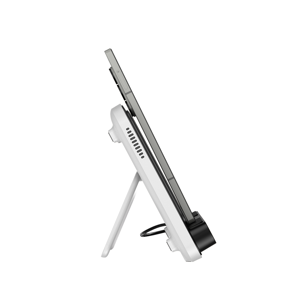 Side view of SwanScout 504F charging a Google Pixel 9 Pro Fold, demonstrating compatibility with phone cases up to 5mm thick.