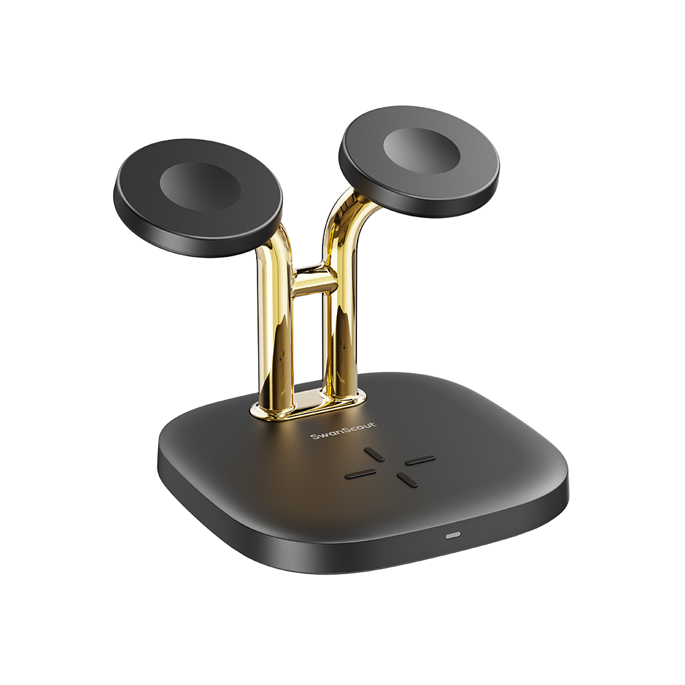 Black and gold SwanScout 704A featuring 3.3W upgraded fast charging for Apple Watch 10/9/8, offering a sophisticated look for nightstand charging.