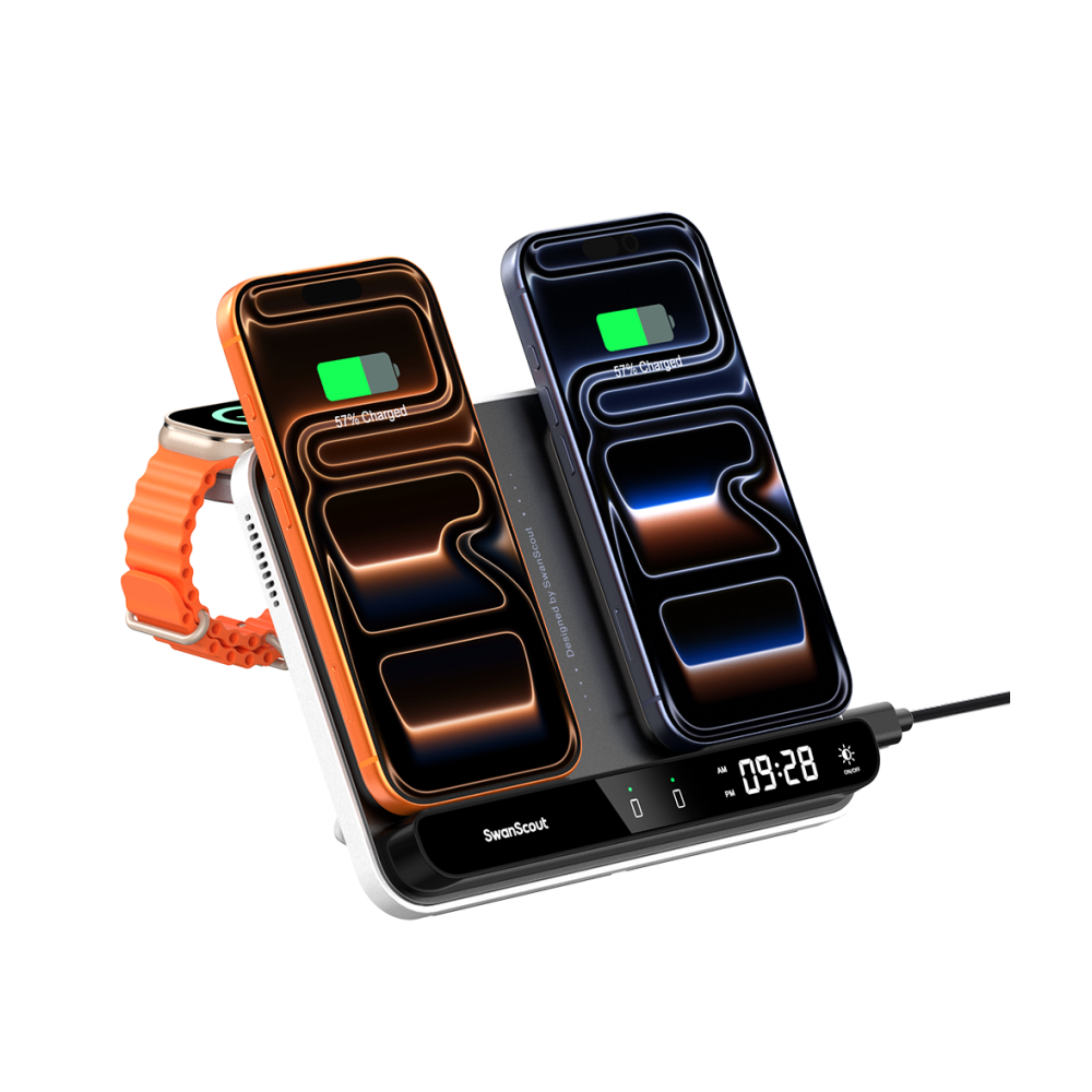 SwanScout 710A charging station simultaneously powering two iPhones and an Apple Watch Ultra 2 with a built-in digital clock.