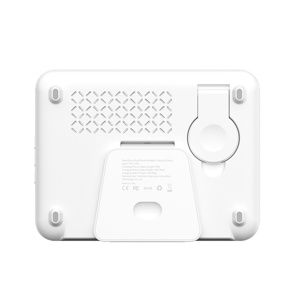 Rear view of SwanScout 710A showcasing the elegant two-tone design with a white back panel and organized watch charging module.