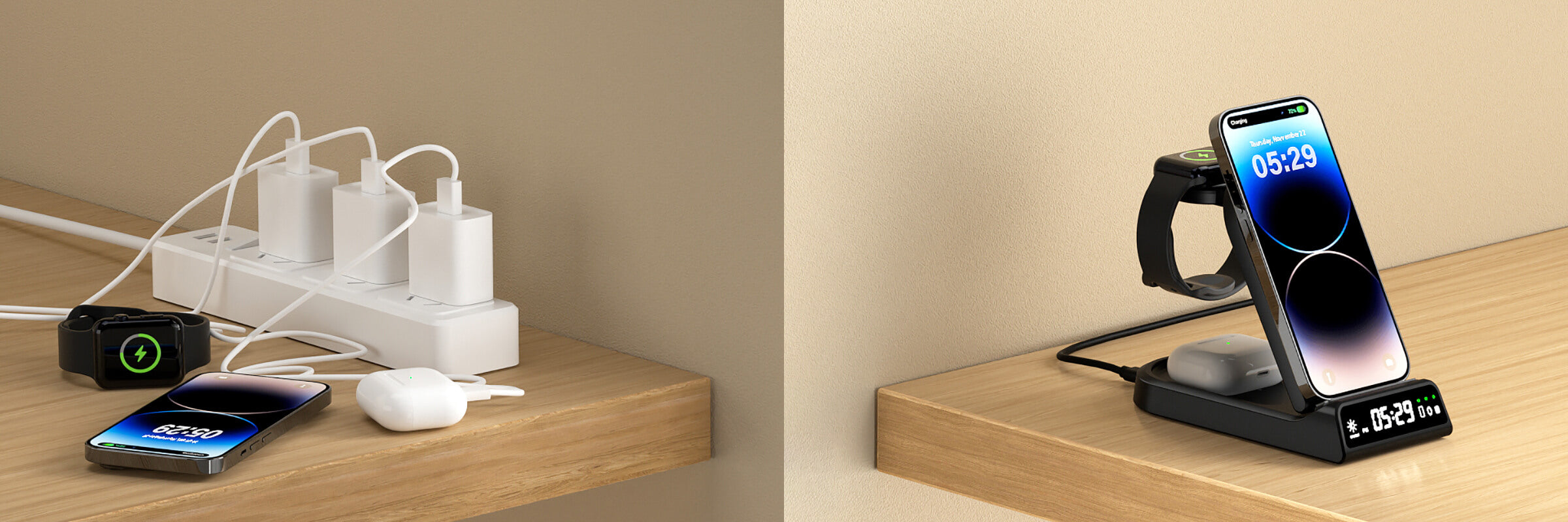 The swanscout 702A is perfect for travelers needing an iPhone and watch charger that also shows time and fits in your carry-on.