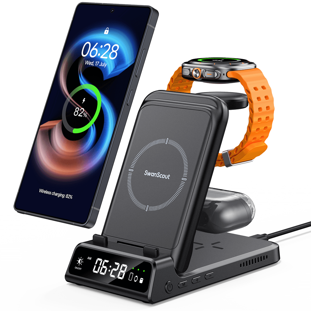 SwanScout 703S - Carregador Sem Fio 3 em 1 para Samsung com Relógio