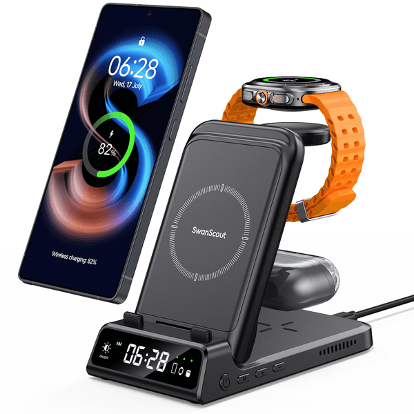 SwanScout 703S -  3 in 1 Foldable Wireless Charger for Samsung with Clock