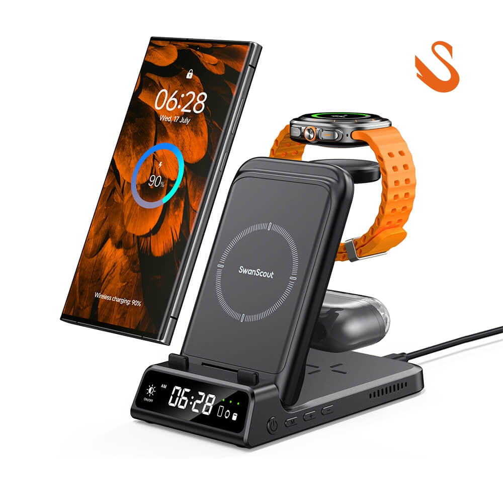 SwanScout 703S - 3 in 1 Foldable Wireless Charger for Samsung with Clock
