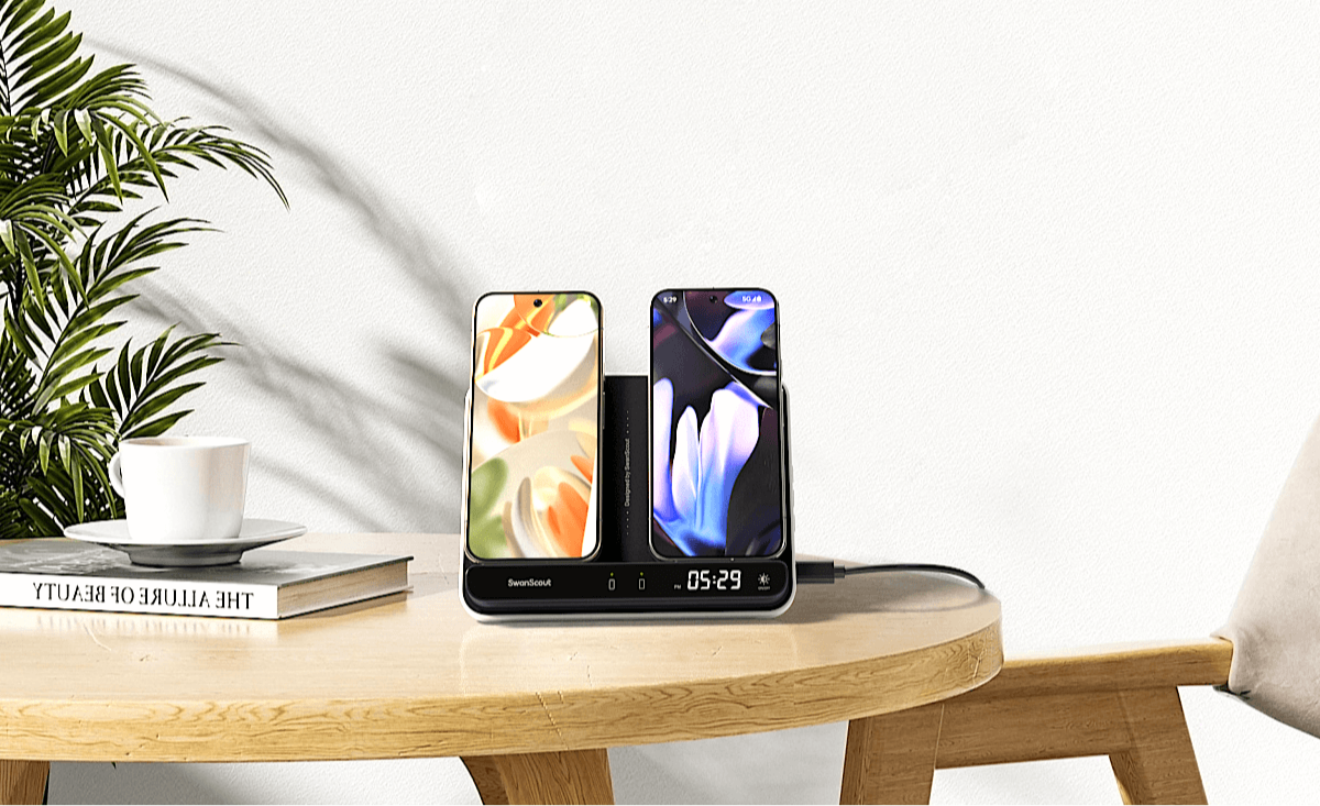 An iPhone charger station accommodates multiple Apple devices, making it easy to charge an iPhone, Apple Watch, and AirPods in one place.