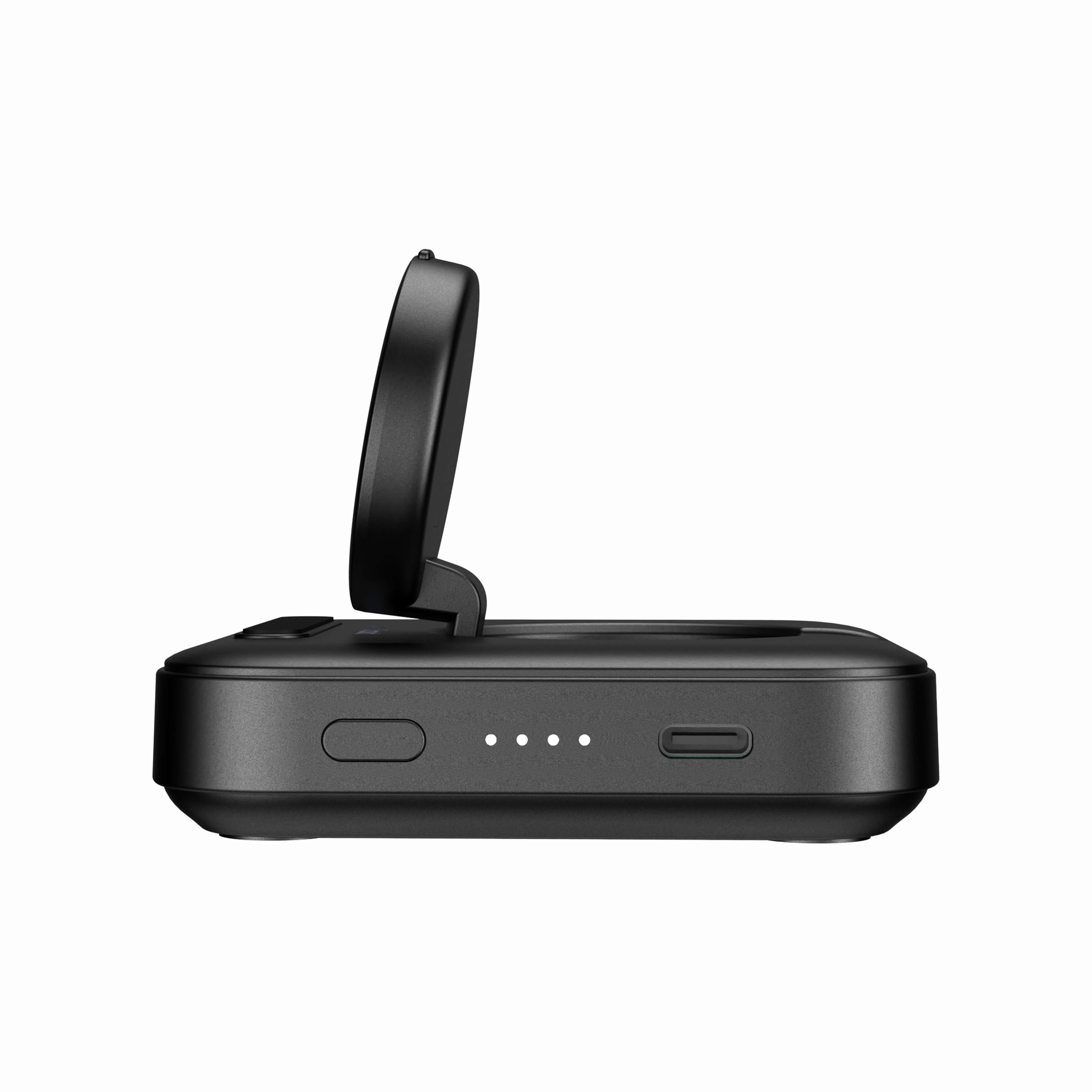 Side view of SwanScout 303S power bank designed for Samsung Watch, compact portable charging device with sleek black finish.
