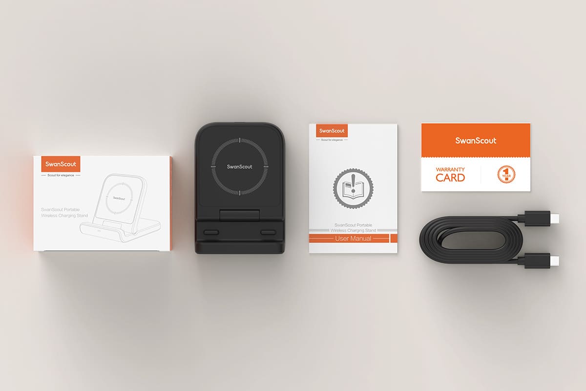 SwanScout 501S package contents with box black charger user manual warranty card and USB-C cable