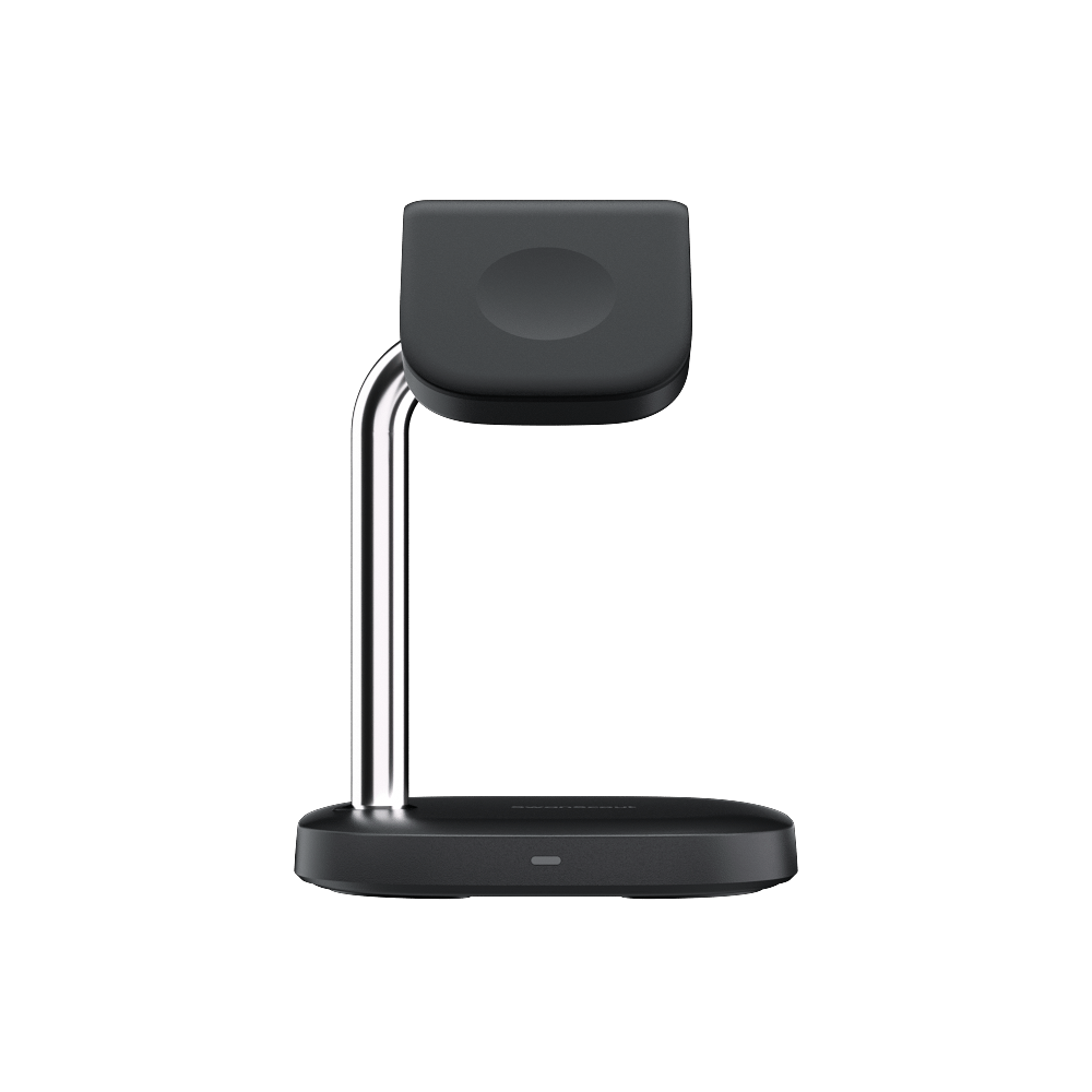 SwanScout 505A magnetic Apple Watch charging stand with band holder, sleek black design for convenient charging and organization
