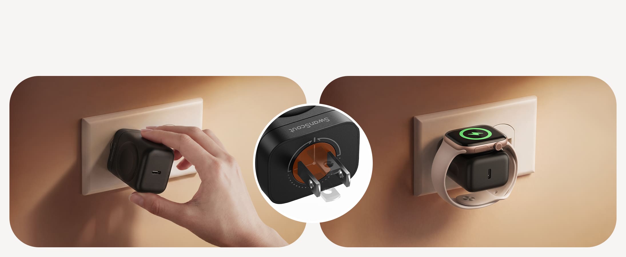 Rotatable wall plug keeps Apple Watch level while charging SwanScout 509A