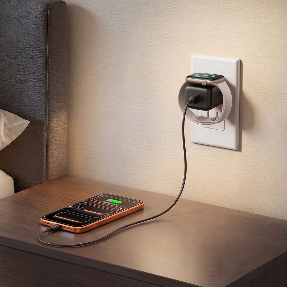 Bedside charging with Apple Watch charger and USB-C wall charger SwanScout 509A