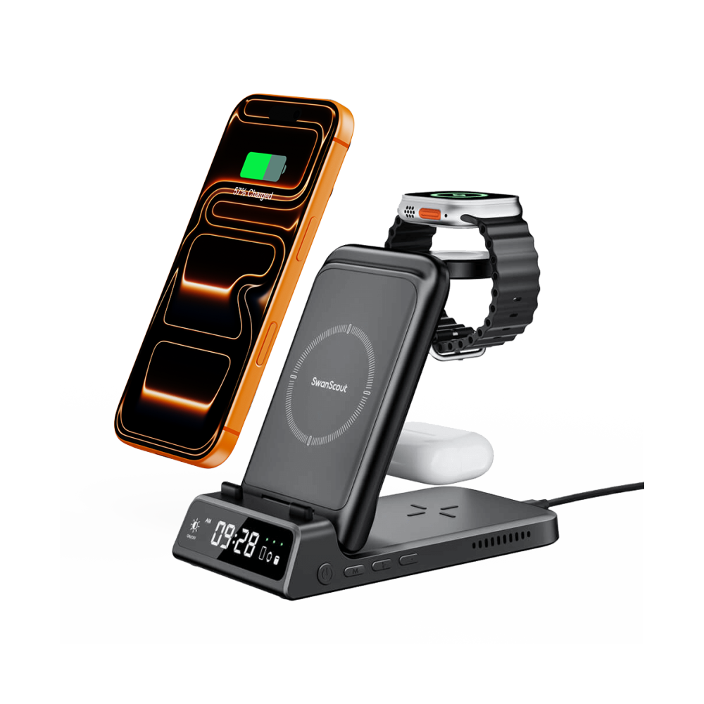 SwanScout 703A wireless station charging iPhone, Apple Watch, and AirPods simultaneously, featuring a built-in digital clock and a dedicated phone charging control button