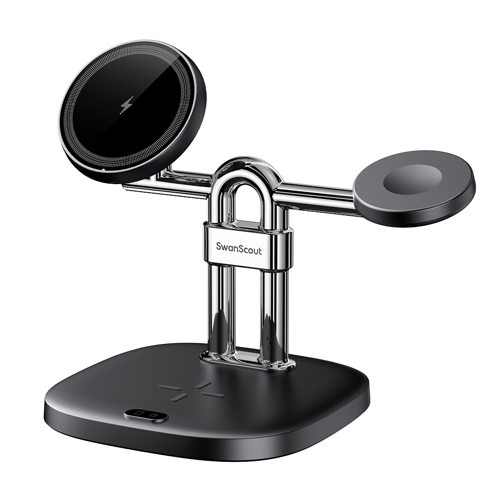 Front-right angled view of SwanScout 712M, featuring a floating magnetic mount for iPhone and dedicated spots for Watch and AirPods