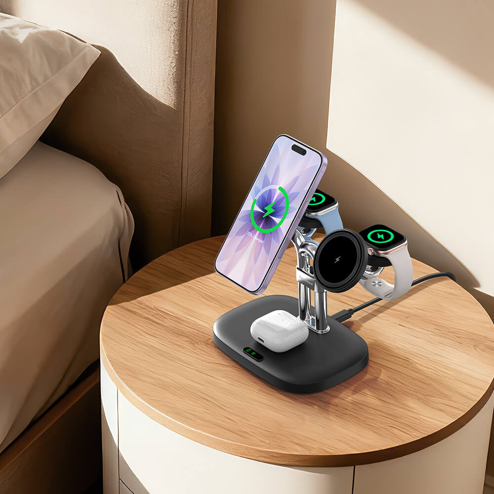 SwanScout 902M wireless charger on bedside table with phone watch and earbuds