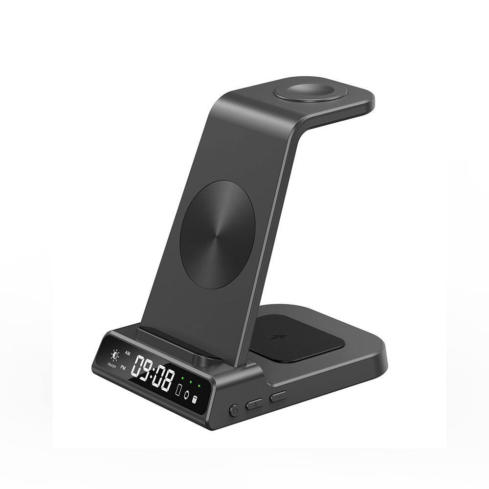 SwanScout C02 3-in-1 wireless charging stand for Apple devices with digital clock and charging indicator display