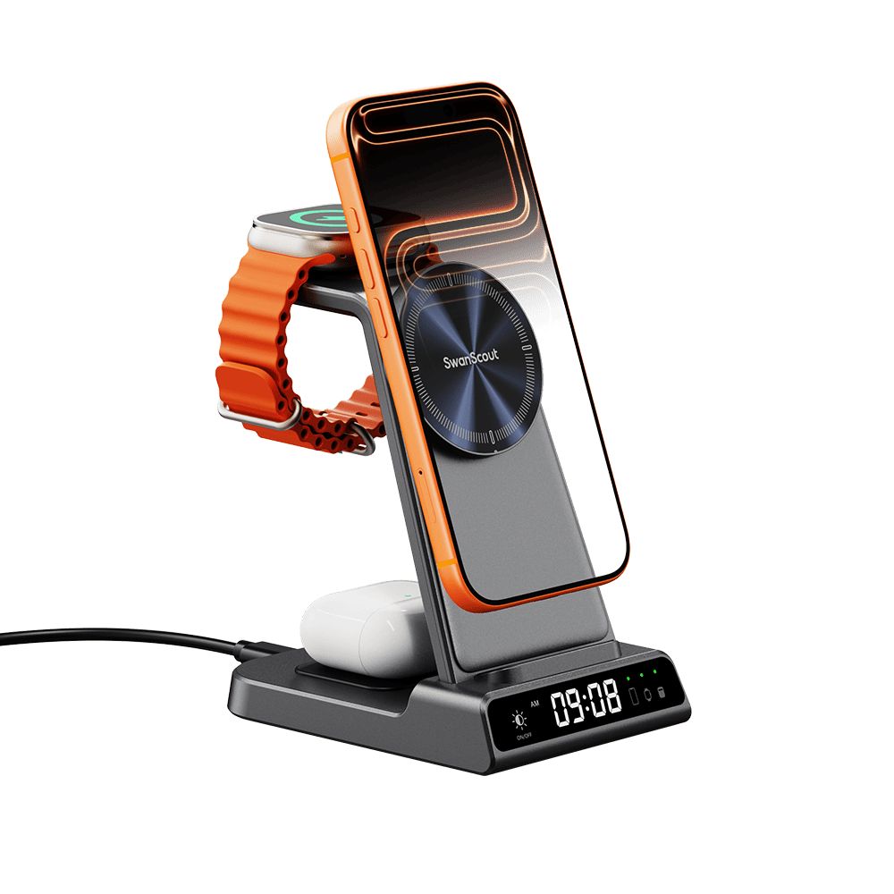 SwanScout C02M 3-in-1 magnetic wireless charging station for Apple iPhone, Apple Watch, and AirPods with MagSafe compatibility.