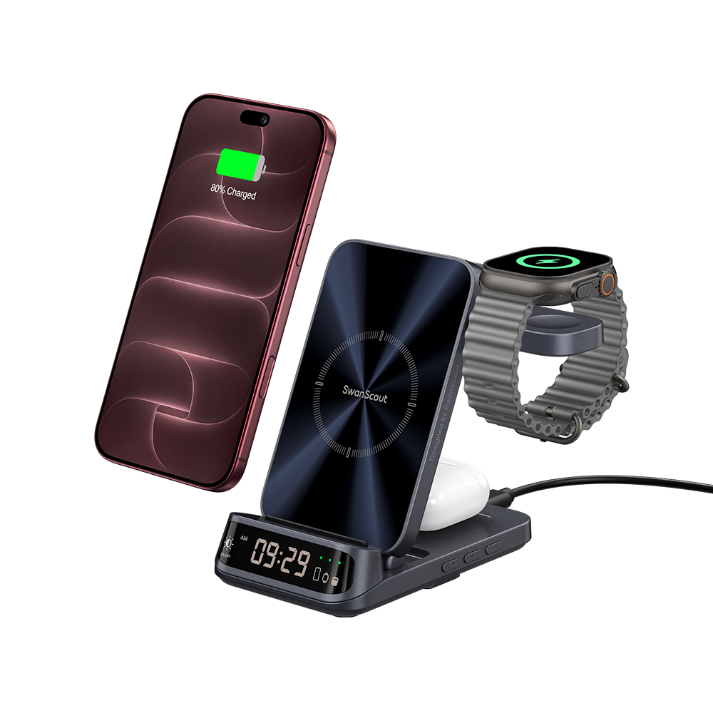 Charging two iPhone 18 Pro phones earbuds and watch on iPhone wireless charger with SwanScout S10025A