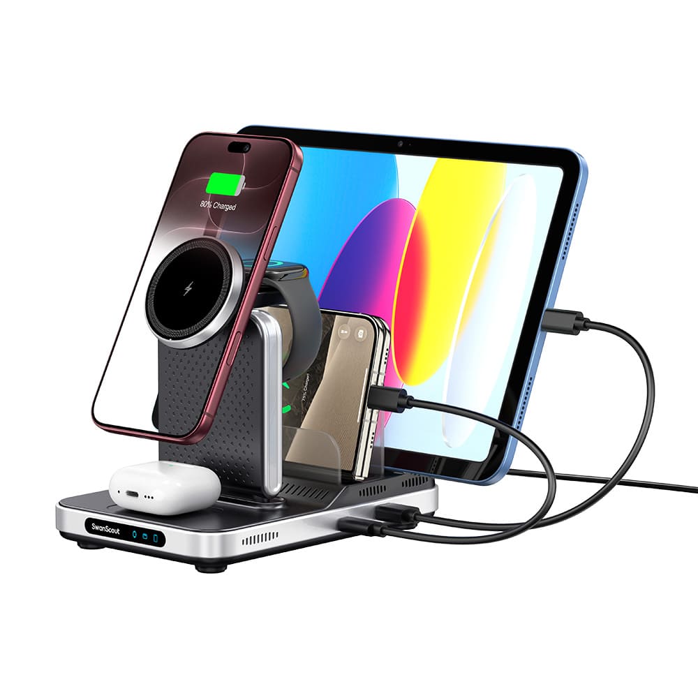 5-in-1 wireless car charger powering iPhone 18 Pro iPhone Duo earbuds watch and tablet with SwanScout S10030M