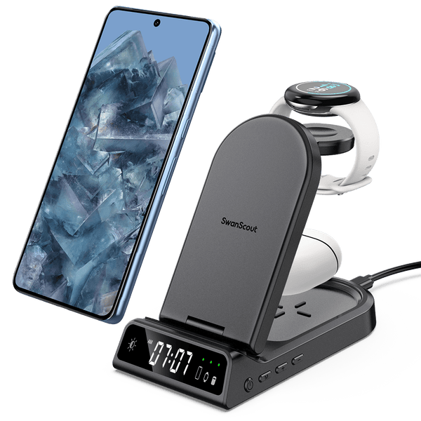 The swanscout 702G is a sleek Pixel charging station that keeps your Google devices powered while displaying time with clarity.