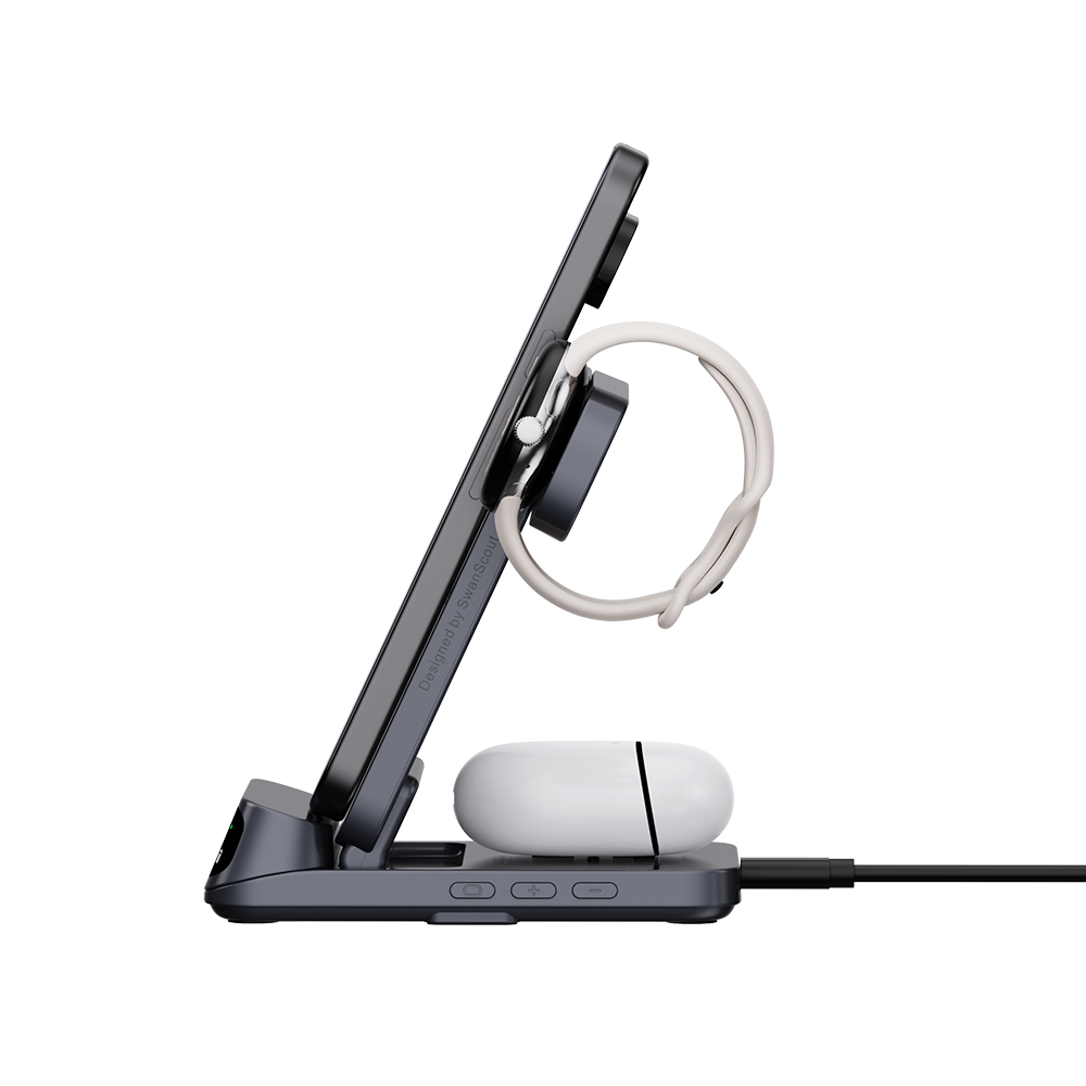 SwanScout 708G2 - 3-i-1 trådlös laddare för Pixel Watch 2/3 med klocka