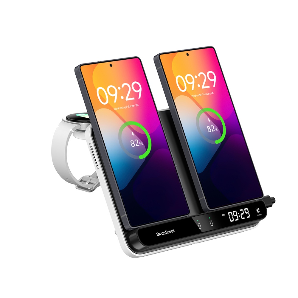 SwanScout 710S - Cargador inalámbrico para dos teléfonos y un reloj para Samsung