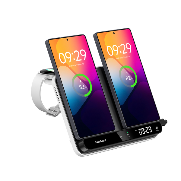 SwanScout 710S - Cargador inalámbrico para dos teléfonos y un reloj para Samsung
