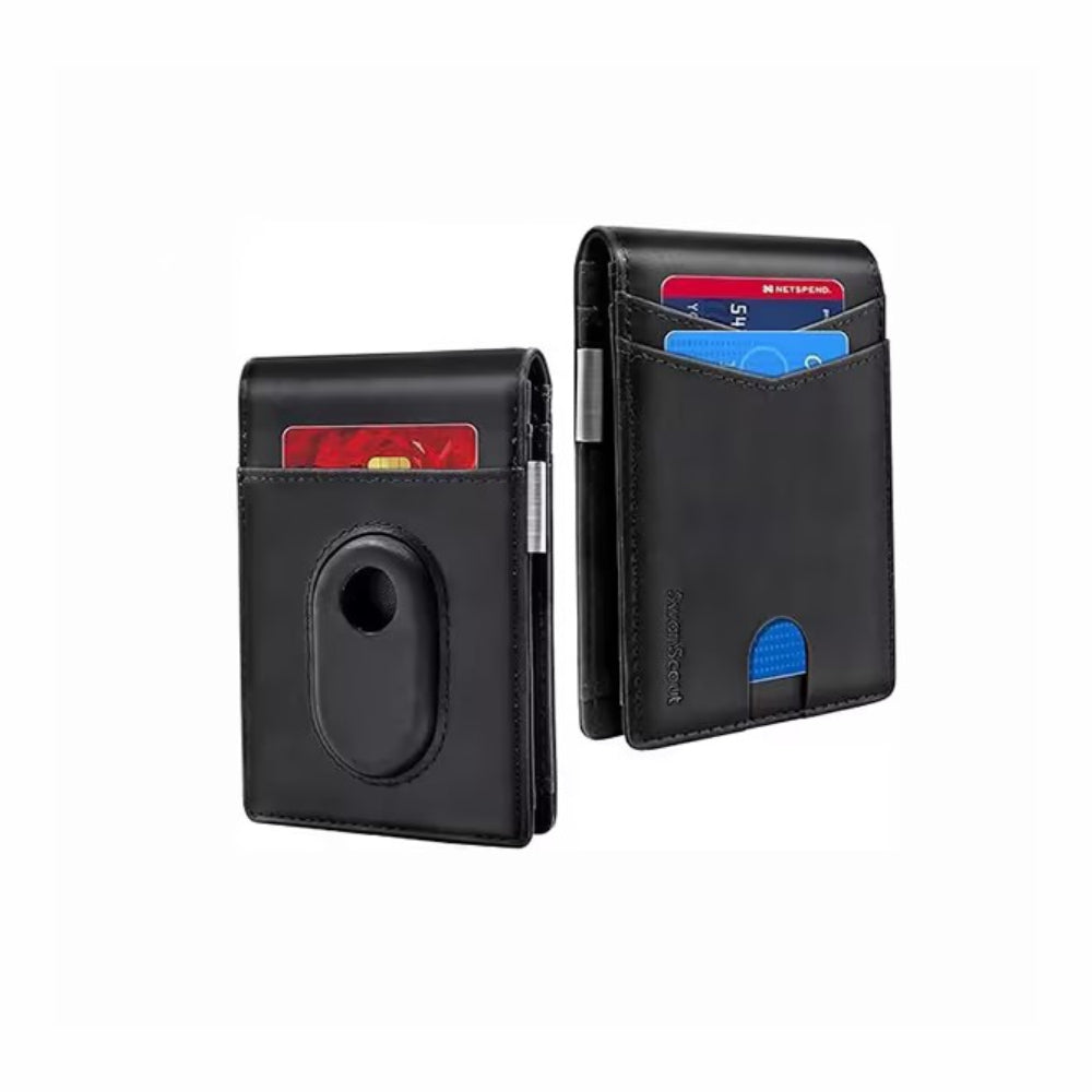 Sleek black SwanScout 105S wallet with an integrated secure slot for Samsung SmartTag2, combining modern style with advanced location tracking.