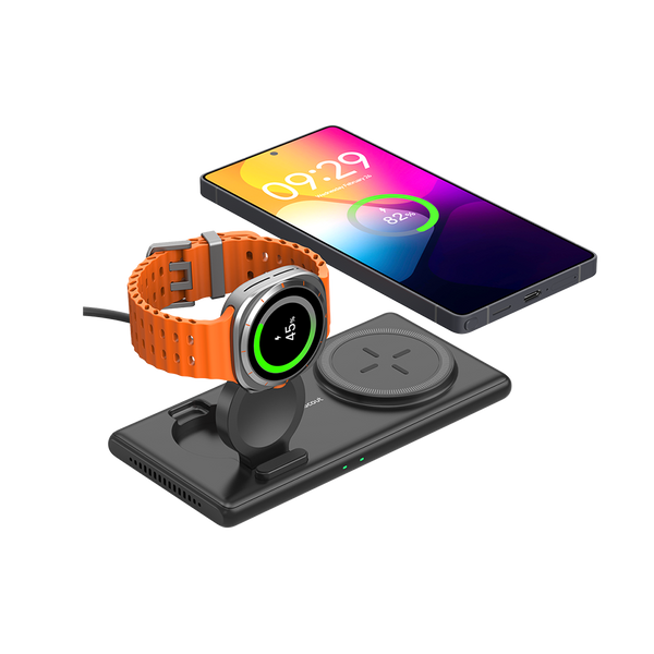 SwanScout 502S 2-in-1 wireless charger for Samsung devices, charging Galaxy S series and Galaxy Watch simultaneously with foldable stand, portable for travel