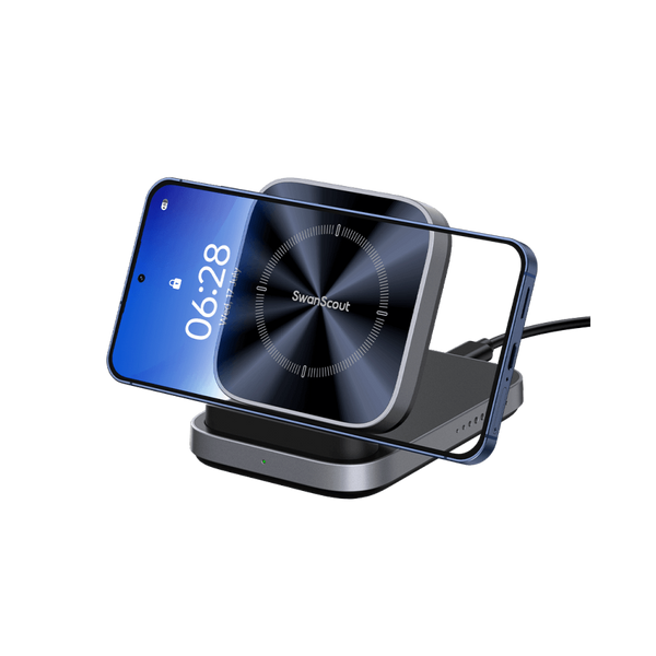 SwanScout 508 wireless charger stand powering an iPhone 17 Air in landscape mode, delivering up to 15W fast charging.