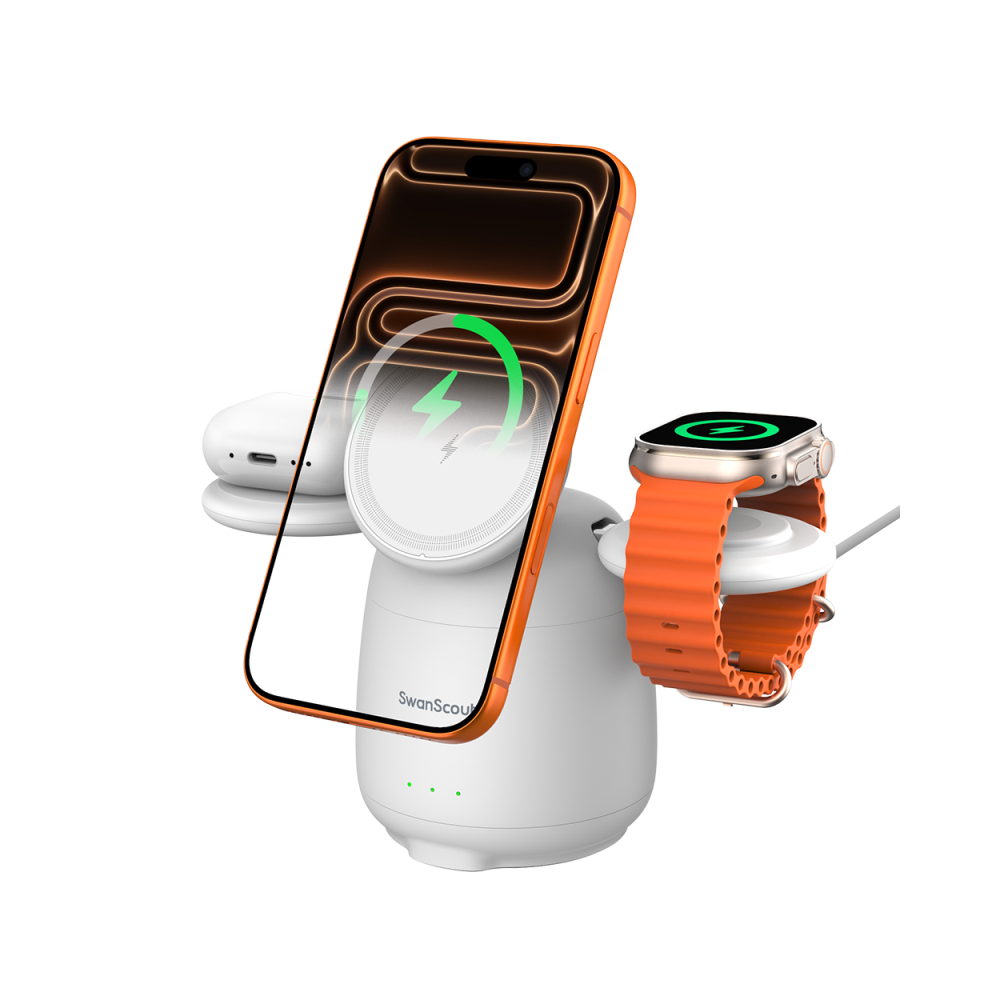White SwanScout 707M charging station powering an iPhone 17 Pro Max, Apple Watch 10, and AirPods Pro with a sleek glossy finish.