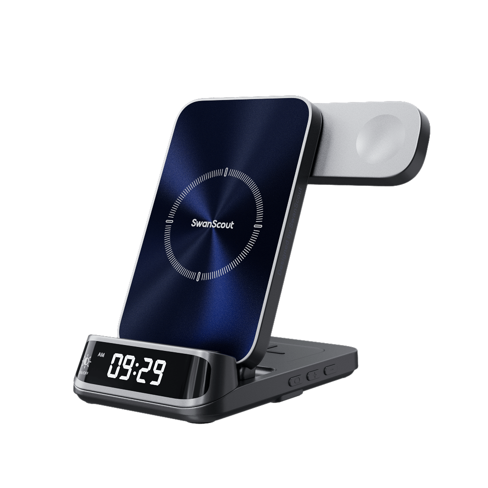 Front view of SwanScout 708A featuring a 5W fast charger for Apple Watch Series 10 and a curved display with 3 adjustable brightness levels.