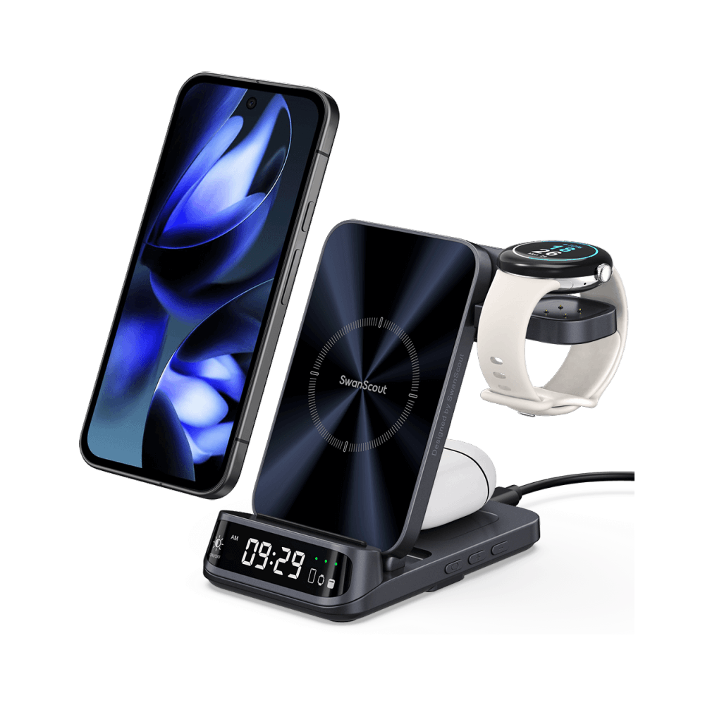 SwanScout 708G2 3-in-1 charging station powering a Google Pixel 9 Pro, Pixel Watch 3, and Pixel Buds Pro 2 with a curved LED clock.