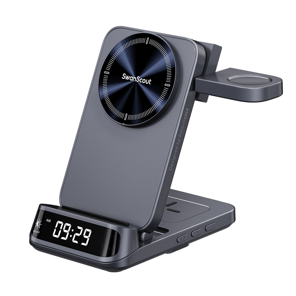 Front-right view of SwanScout 708SM with watch charger unfolded, showcasing the scratch-proof UV-textured panel and metallic finish.