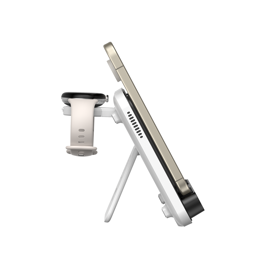 Side view of SwanScout 710G2 charging two Google devices simultaneously, highlighting its 30W maximum output and sleek black-and-white design.