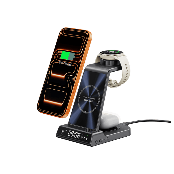 SwanScout C01GM charging station powering a Garmin Forerunner 965, Samsung Galaxy S25 Ultra, and Galaxy Buds3 simultaneously.