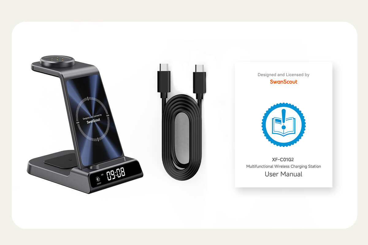 SwanScout C01G2 package contents including wireless charger, 1.5m 2A charging cable, user manual, and warranty card