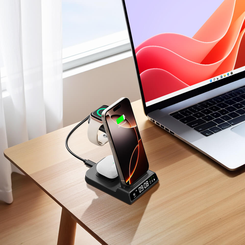 The SwanScout C02 acts as an elegant Apple wireless charger, perfect for multi-device setups.