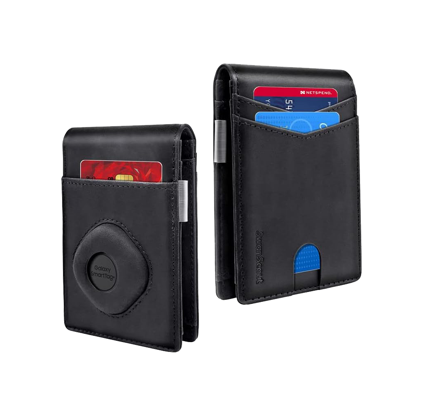 Elegant black SwanScout 101S wallet featuring a dedicated secure holder for Samsung SmartTag and SmartTag Plus, ideal for everyday use