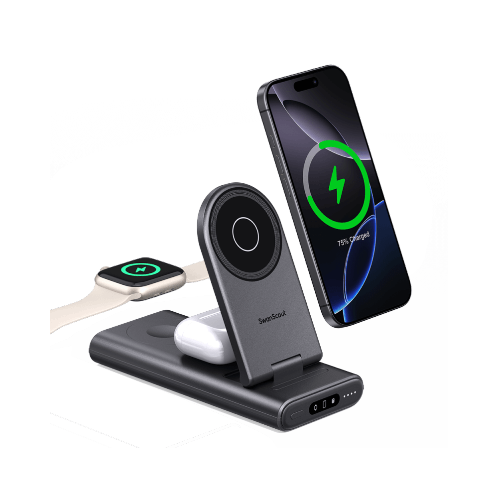 SwanScout 301M 10000mAh 3-in-1 magnetic power bank charging iPhone, Apple Watch, and AirPods
