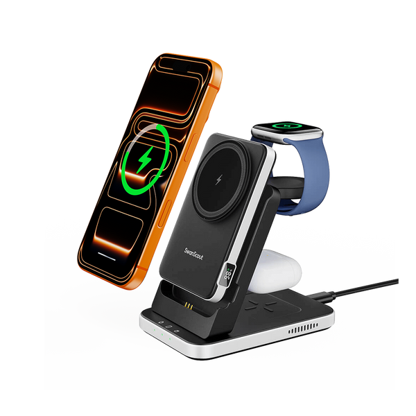 SwanScout 304M 3-in-1 charging station with a detachable 5000mAh MagSafe power bank, powering iPhone 16, Apple Watch, and AirPods simultaneously