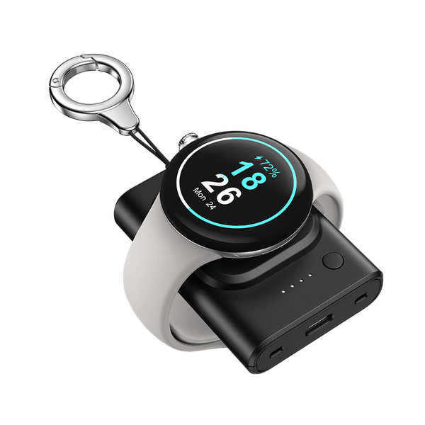 SwanScout 305G2 portable power bank charging a Google Pixel Watch 3, featuring magnetic auto-alignment for a stable connection