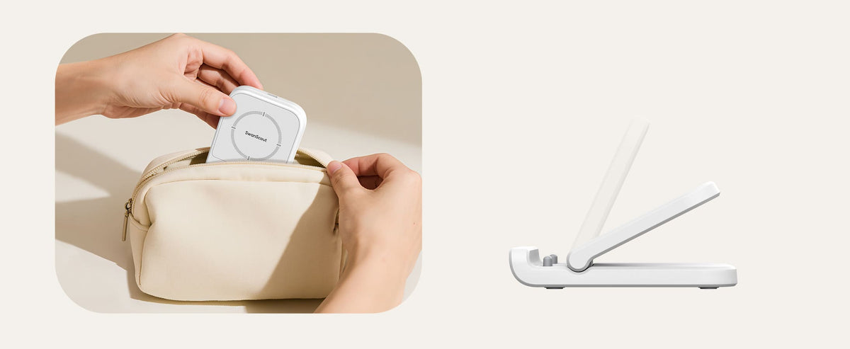 Hands packing white SwanScout 501S foldable charger into a pouch with side view of folding hinge