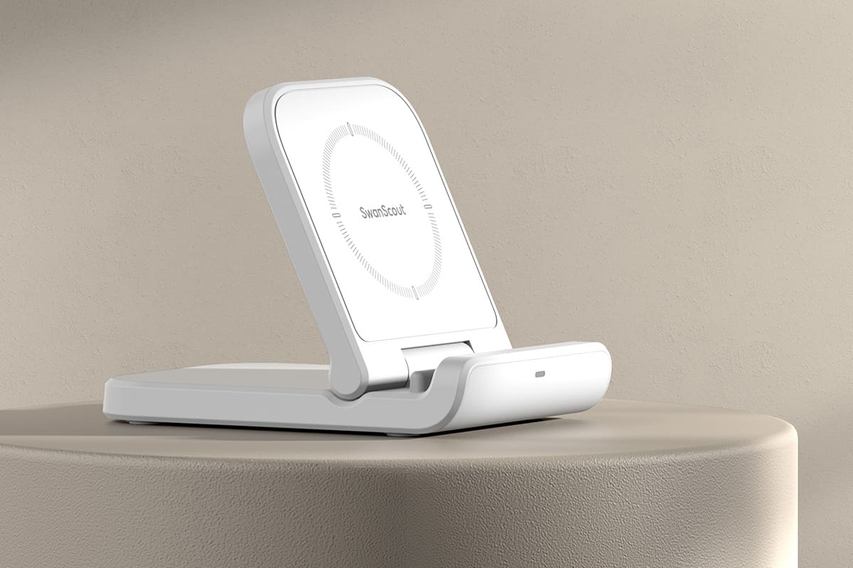 White SwanScout 501S foldable wireless charging stand displayed upright on a pedestal