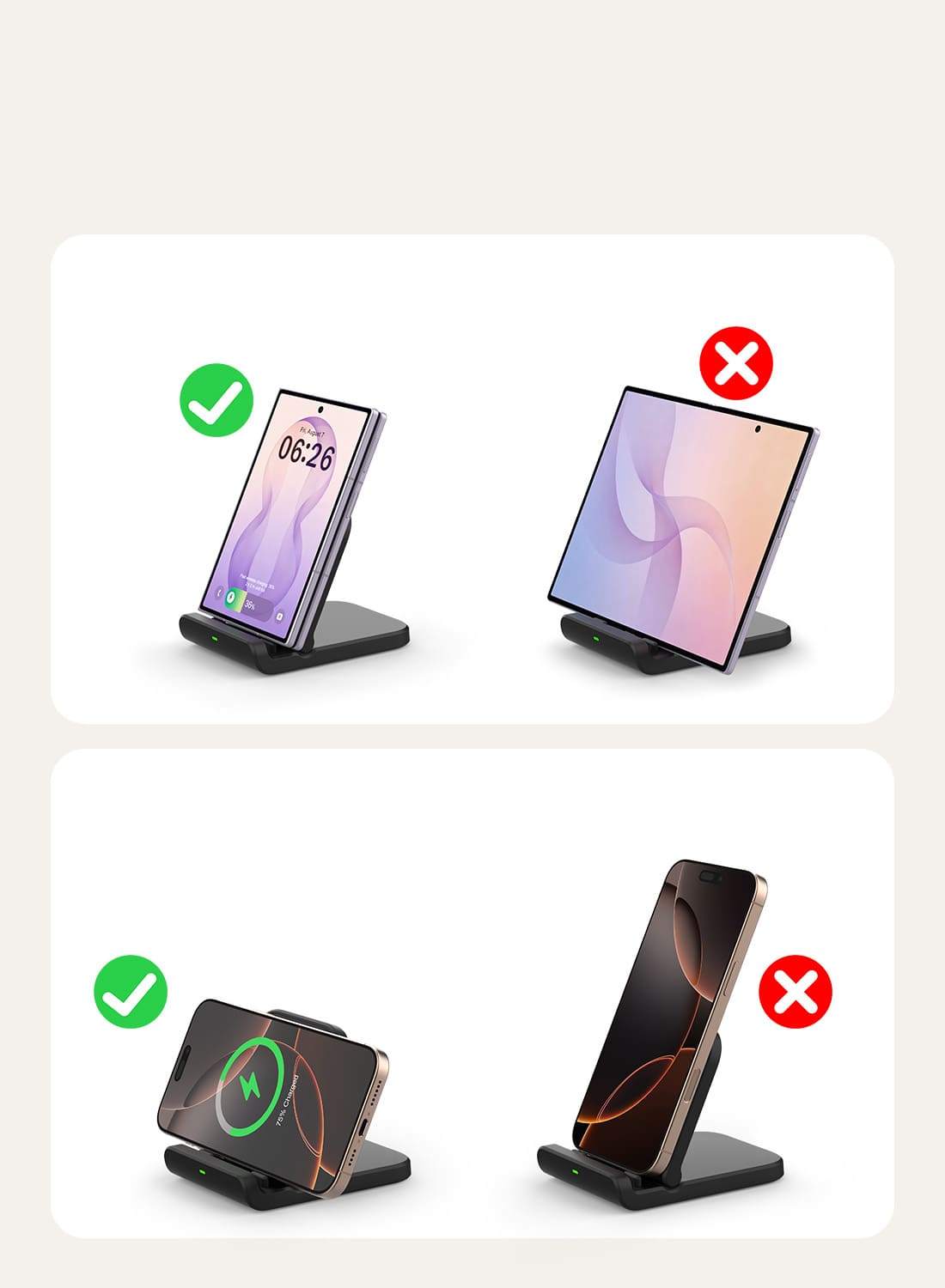 SwanScout 501S dual-angle charging guide showing correct upright Flip and landscape phone placement