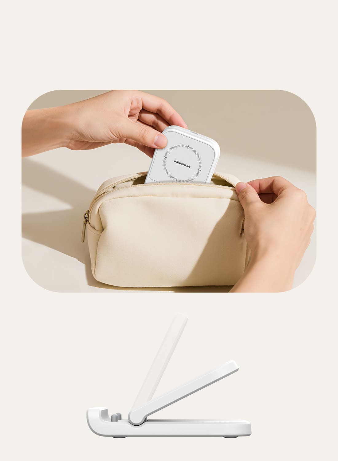 White SwanScout 501S compact foldable charger being placed into a travel pouch with open hinge view