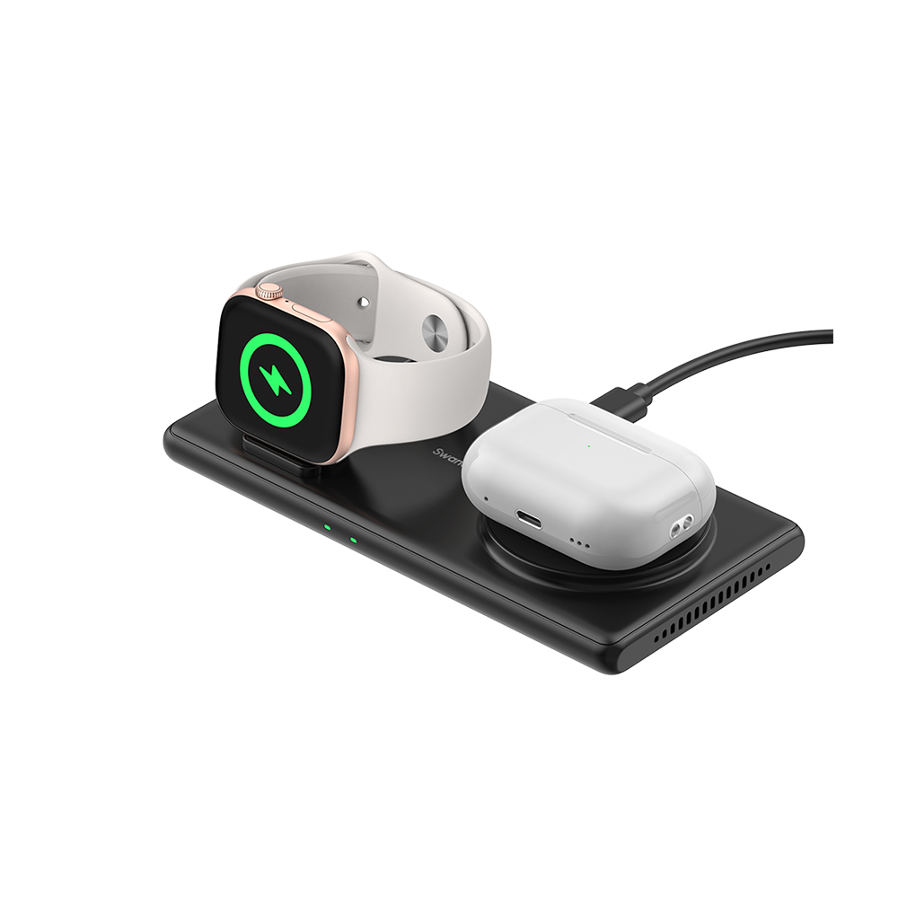 SwanScout 502M 2-in-1 magnetic wireless charger for Apple Watch and AirPods, compact foldable design for desk or travel use