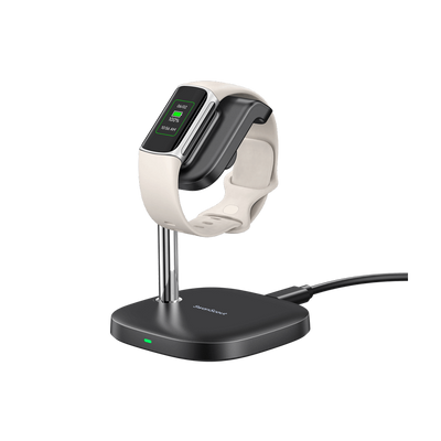 SwanScout 505FC charging stand for Fitbit Charge 6, 5, and Luxe watches, black plastic dock with charging port and watch support.