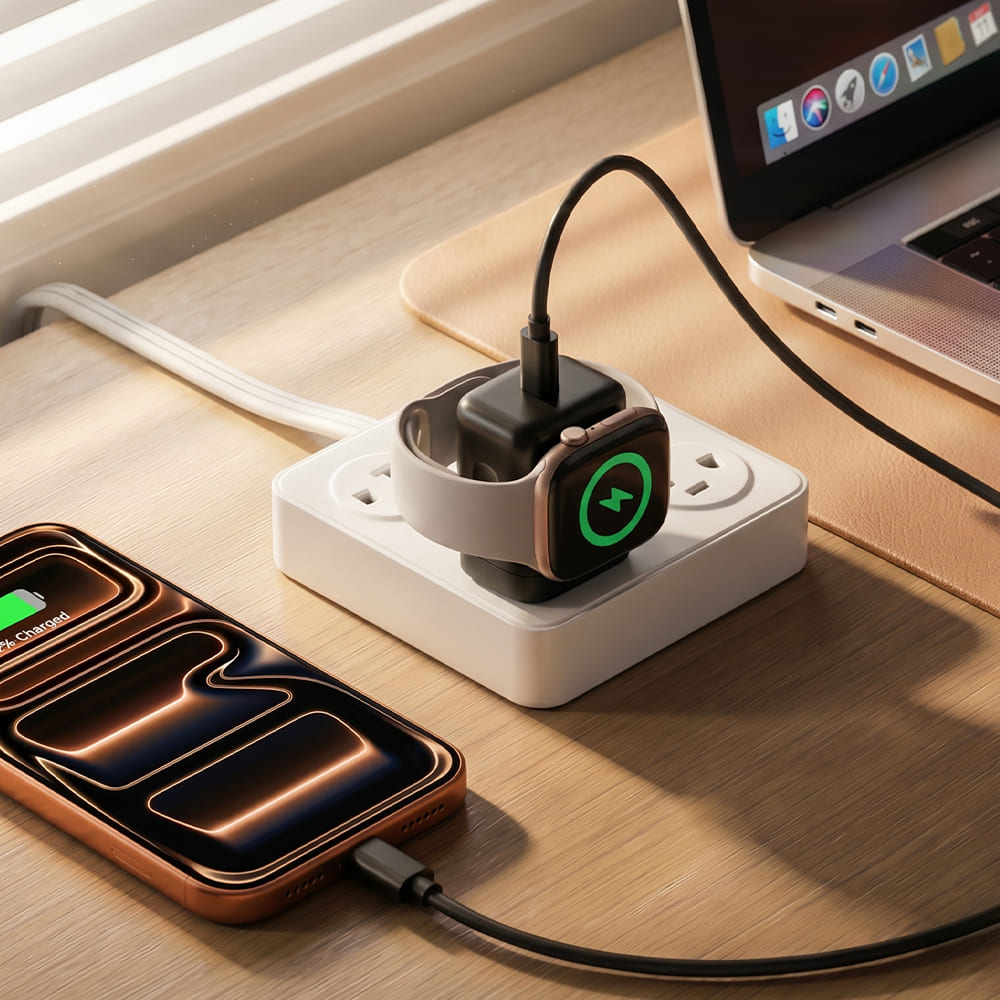 Apple Watch and phone charging setup with 2-in-1 USB-C charger on desk SwanScout 509A